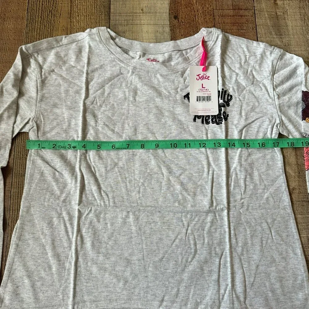 Justice girls size large long sleeve graphic tee shirt in gray with glitter